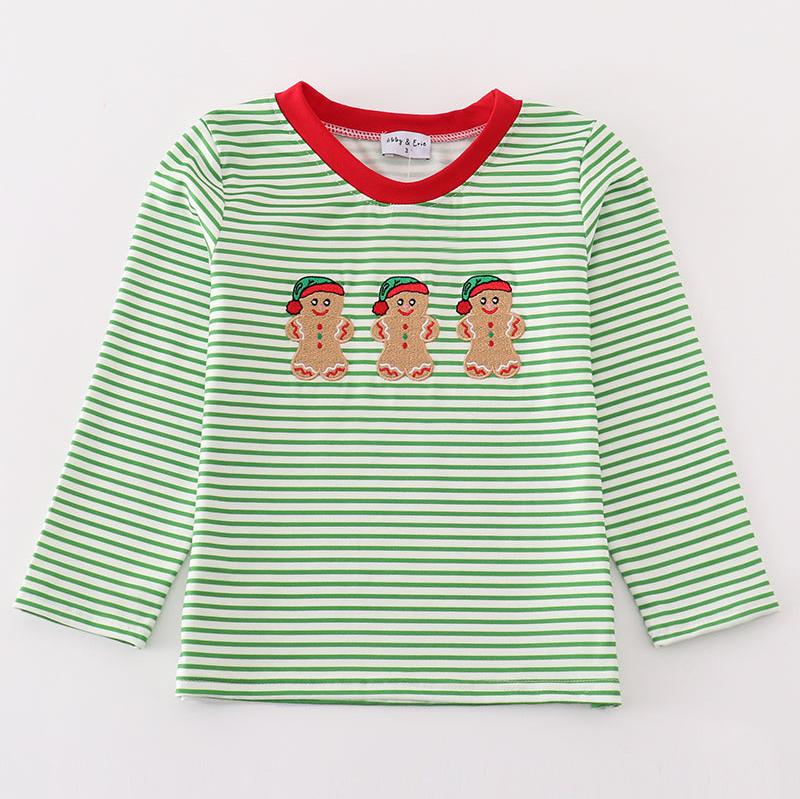 Gingerbread Embroidered Green Stripe Boy Top