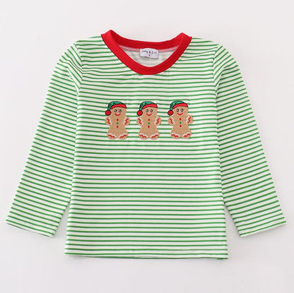 Gingerbread Embroidered Green Stripe Boy Top