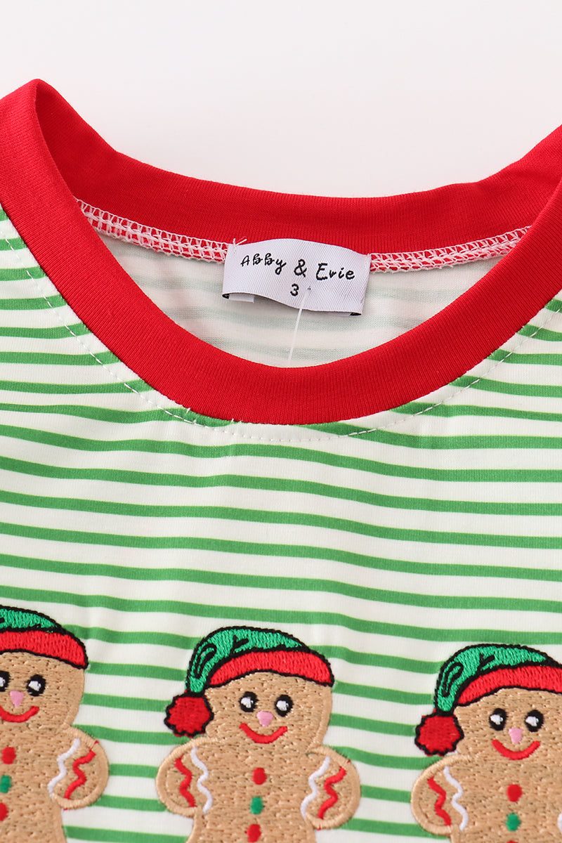 Gingerbread Embroidered Green Stripe Boy Top