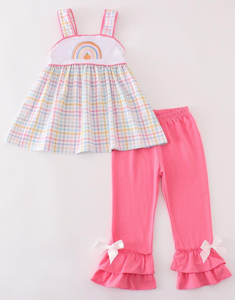 Rainbow Pumpkin Embroidered Plaid Girl Set