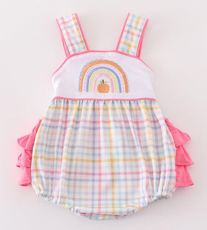 Rainbow Pumpkin Embroidered Plaid Girl Bubble