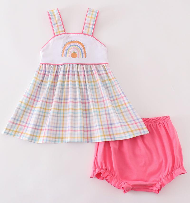 Rainbow Pumpkin Embroidered Plaid Baby Girl Set