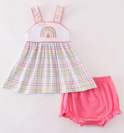 Rainbow Pumpkin Embroidered Plaid Baby Girl Set