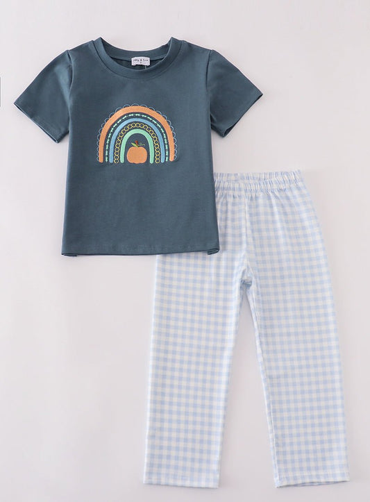 Rainbow Pumpkin Embroidered Navy Boy Set