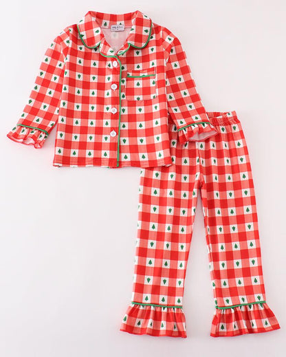 Christmas Tree Red Gingham Girl Pajamas Set