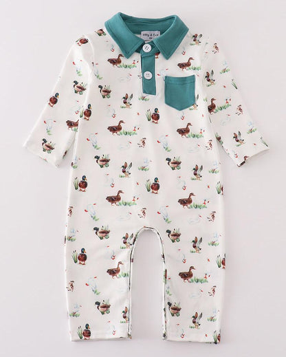 Teal Duck Print Boy Romper