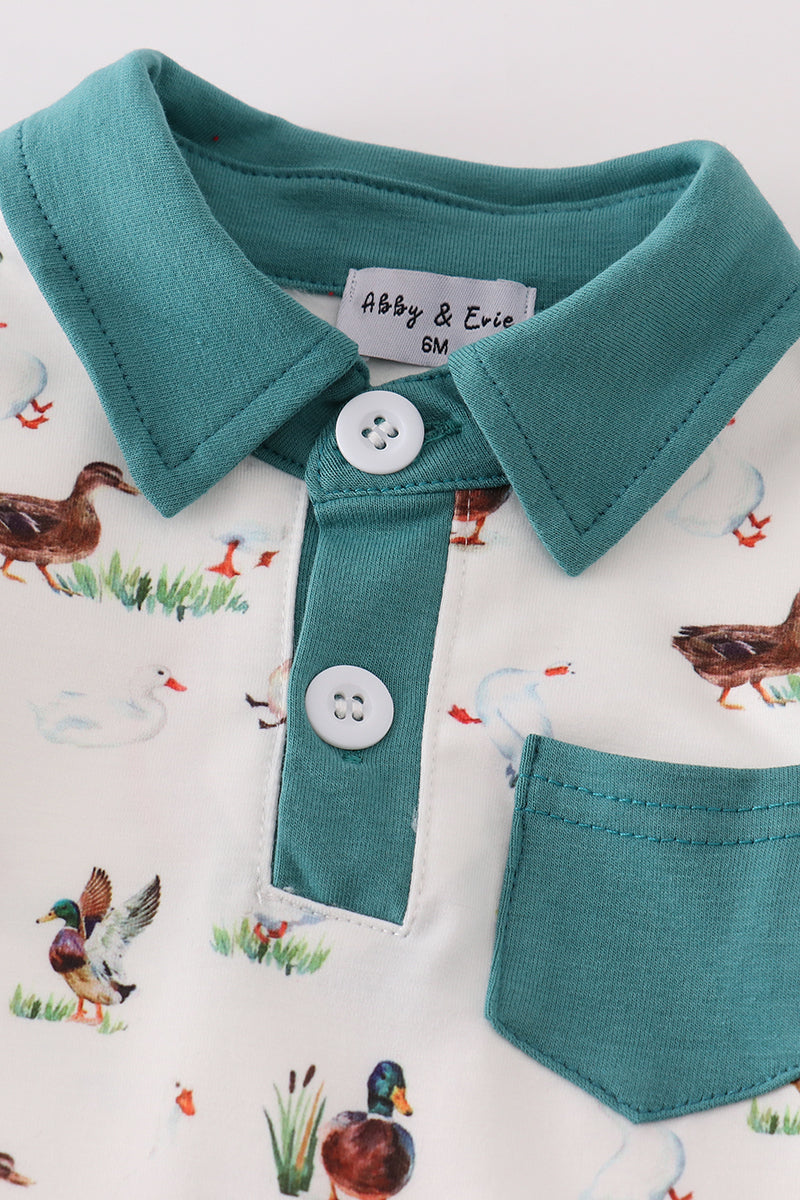 Teal Duck Print Boy Romper