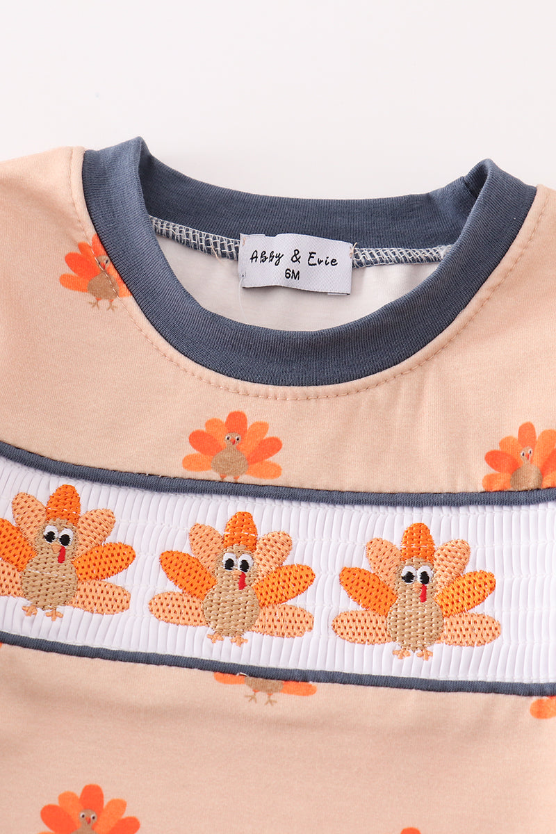 Khaki Turkey Embroidered Smocked Boy Romper