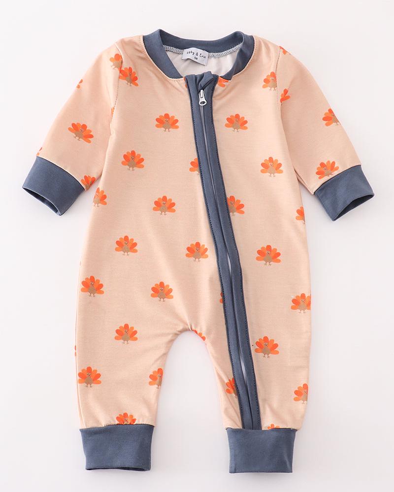 Khaki Turkey Print Zip Boy Romper