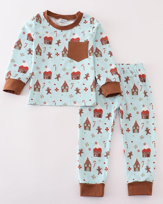 Christmas Gingerbread Blue Pajamas Set