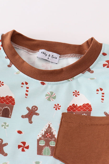 Christmas Gingerbread Blue Pajamas Set