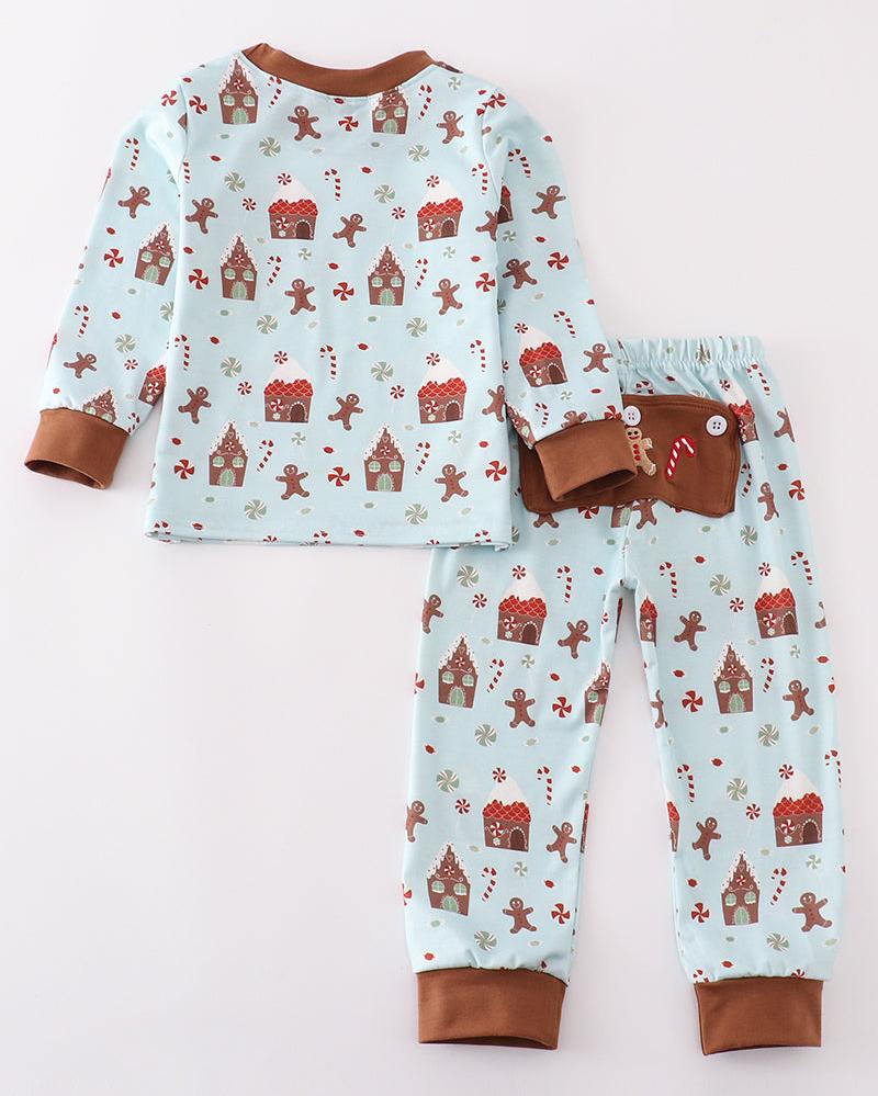 Christmas Gingerbread Blue Pajamas Set