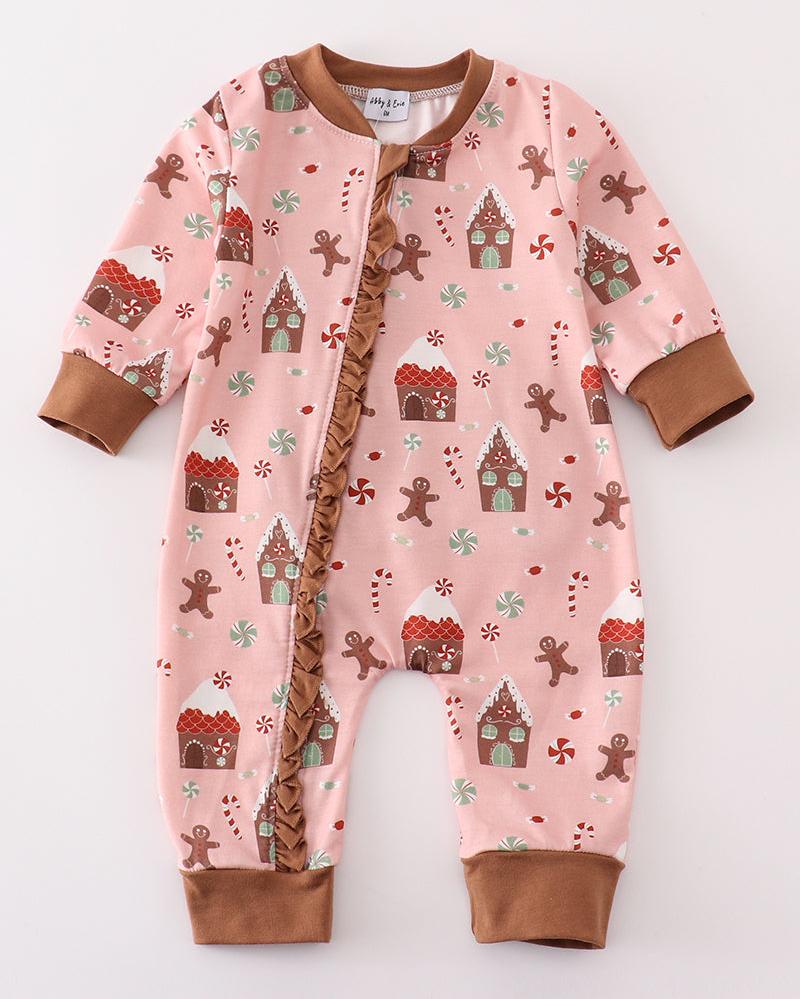 Christmas Gingerbread Pink Ruffle Zip Romper