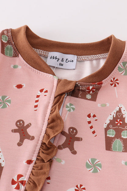 Christmas Gingerbread Pink Ruffle Zip Romper