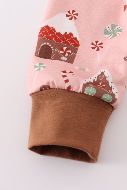 Christmas Gingerbread Pink Ruffle Zip Romper