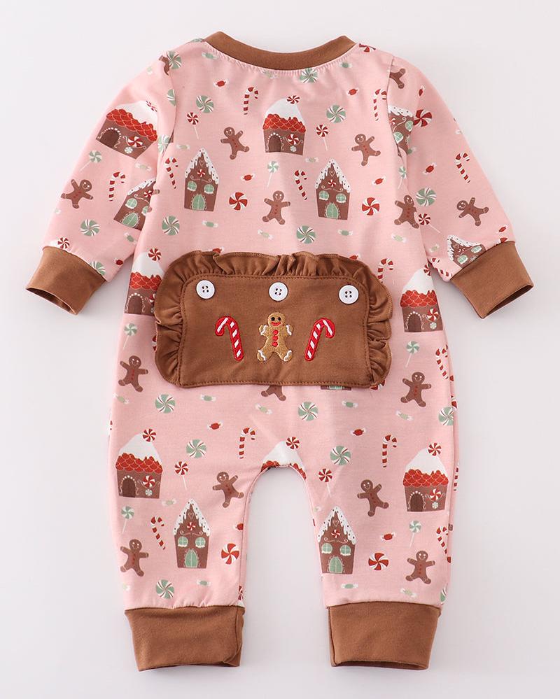 Christmas Gingerbread Pink Ruffle Zip Romper