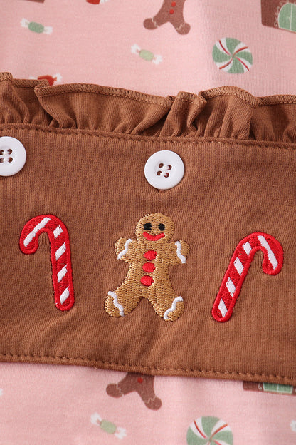 Christmas Gingerbread Pink Ruffle Zip Romper