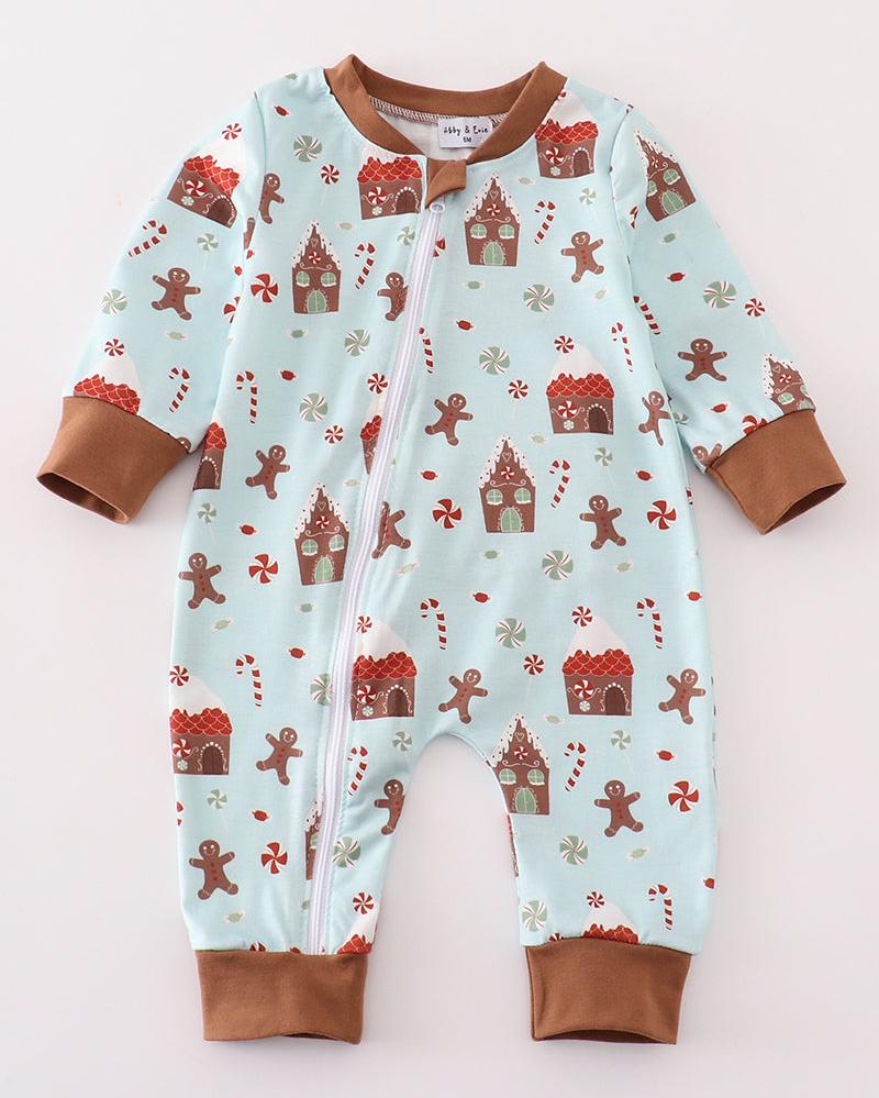 Christmas Gingerbread Blue Baby Zip Romper