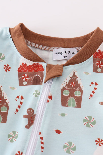 Christmas Gingerbread Blue Baby Zip Romper