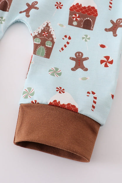 Christmas Gingerbread Blue Baby Zip Romper