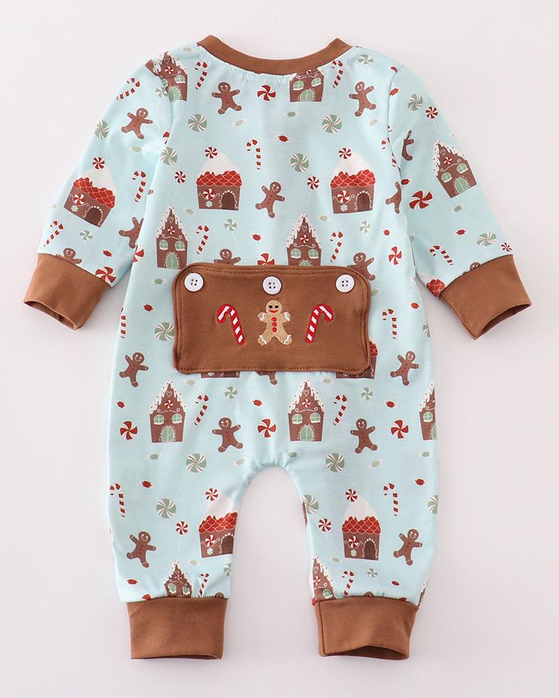 Christmas Gingerbread Blue Baby Zip Romper