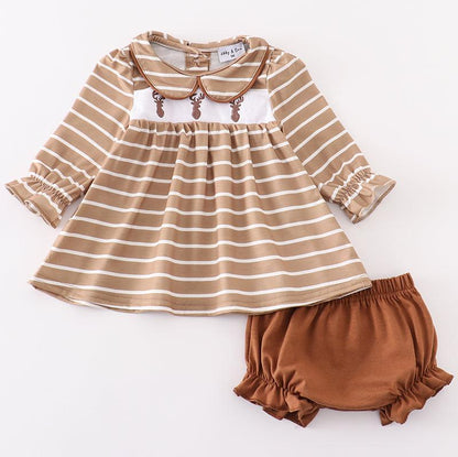 Brown Stripe Deer Embroidered Girl Bloomers Set