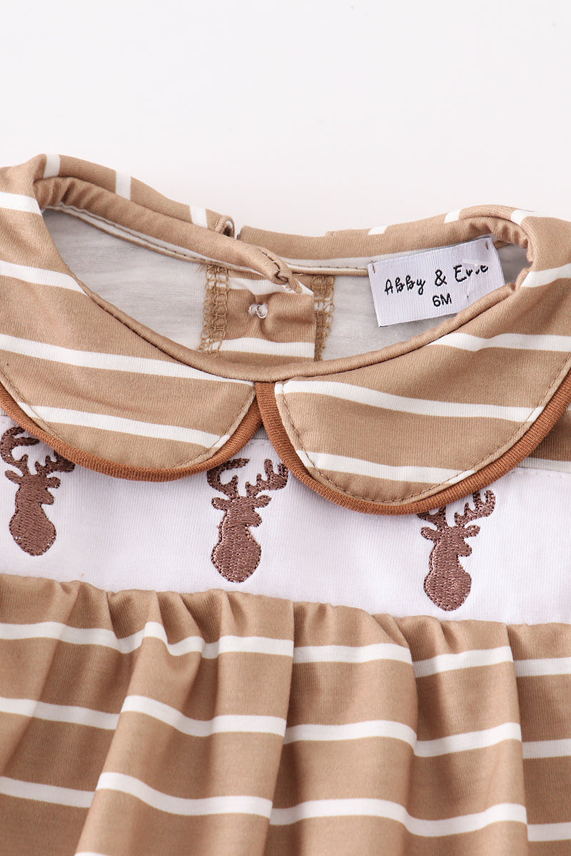 Brown Stripe Deer Embroidered Girl Bloomers Set