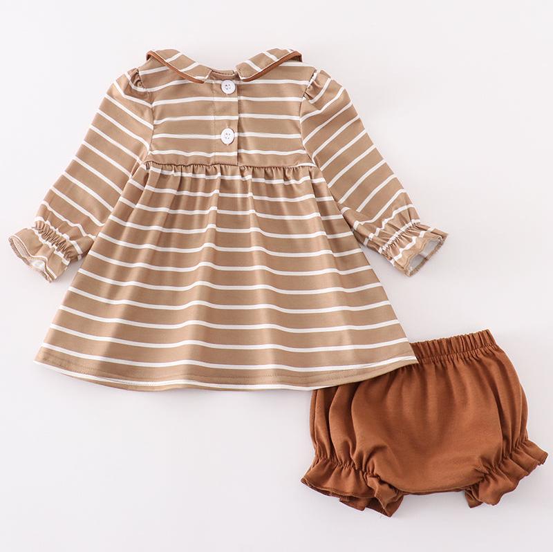 Brown Stripe Deer Embroidered Girl Bloomers Set