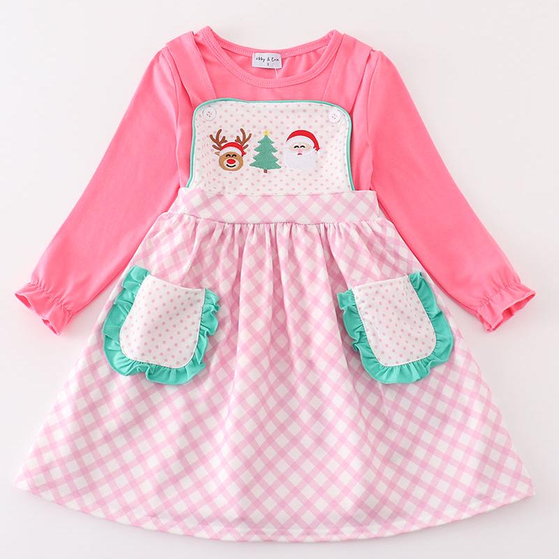 Christmas Santa Reindeer Tree Embroidered Pink Dress Set