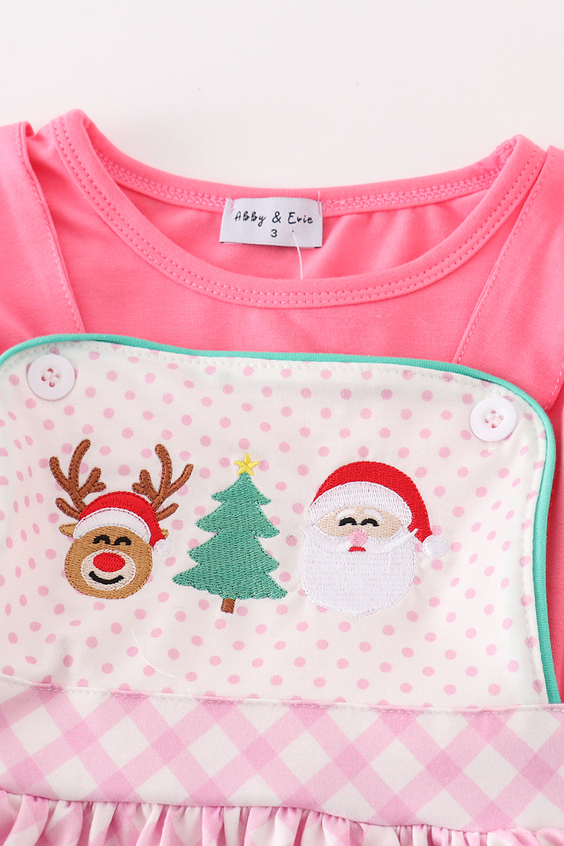 Christmas Santa Reindeer Tree Embroidered Pink Dress Set