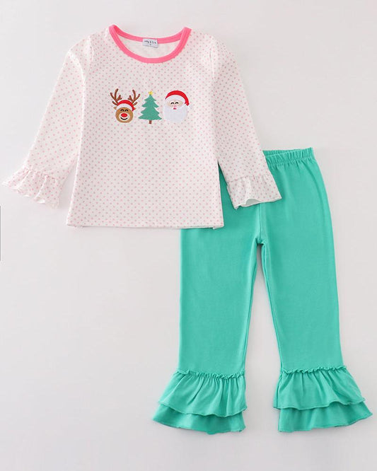 Christmas Santa Reindeer Tree Embroidered Pink Girl Set