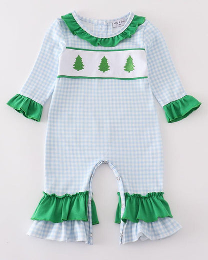 Green Christmas Tree Embroidered Girl Romper