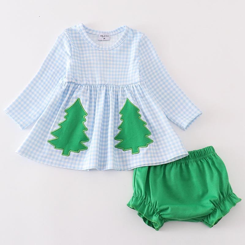 Green Christmas Tree Embroidered Girl Bloomers Set