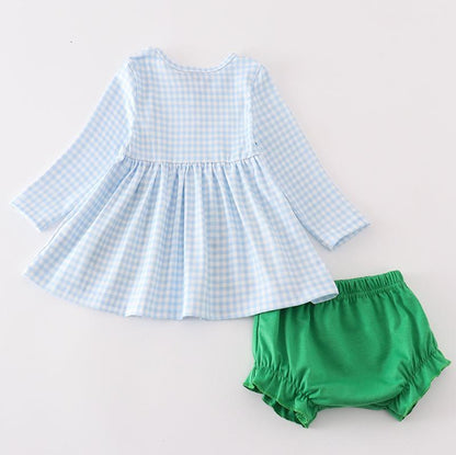 Green Christmas Tree Embroidered Girl Bloomers Set