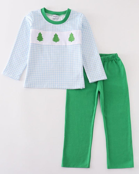 Green Christmas Tree Applique Boy Pants Set