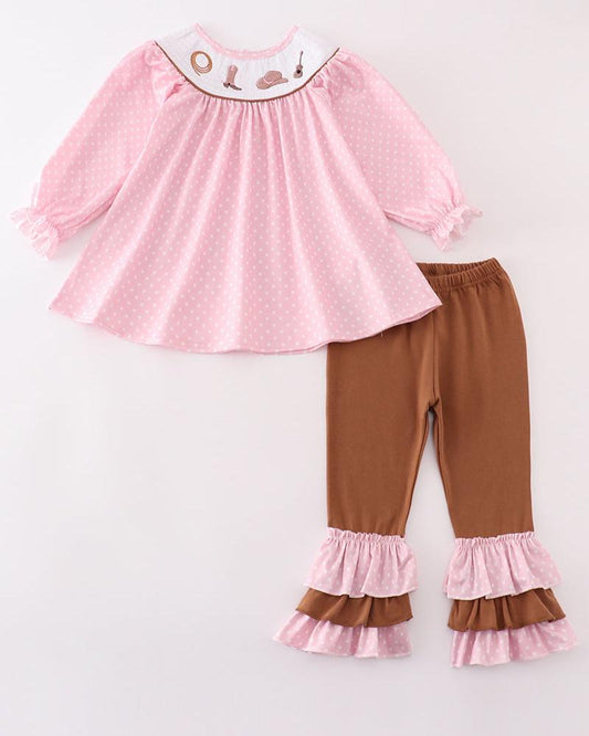 Western Embroidered Pink Polka Dot Smocked Girl Set