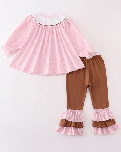 Western Embroidered Pink Polka Dot Smocked Girl Set