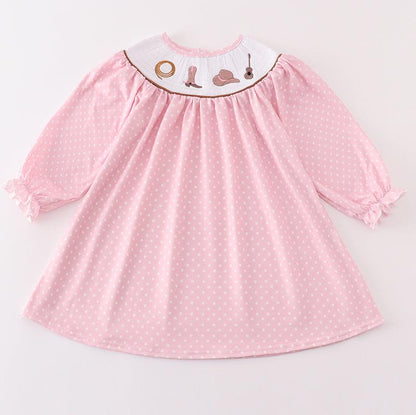 Western Embroidered Pink Polka Dot Smocked Dress