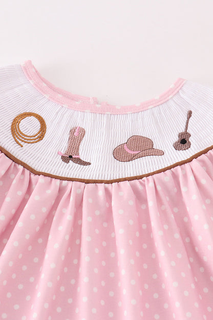 Western Embroidered Pink Polka Dot Smocked Dress