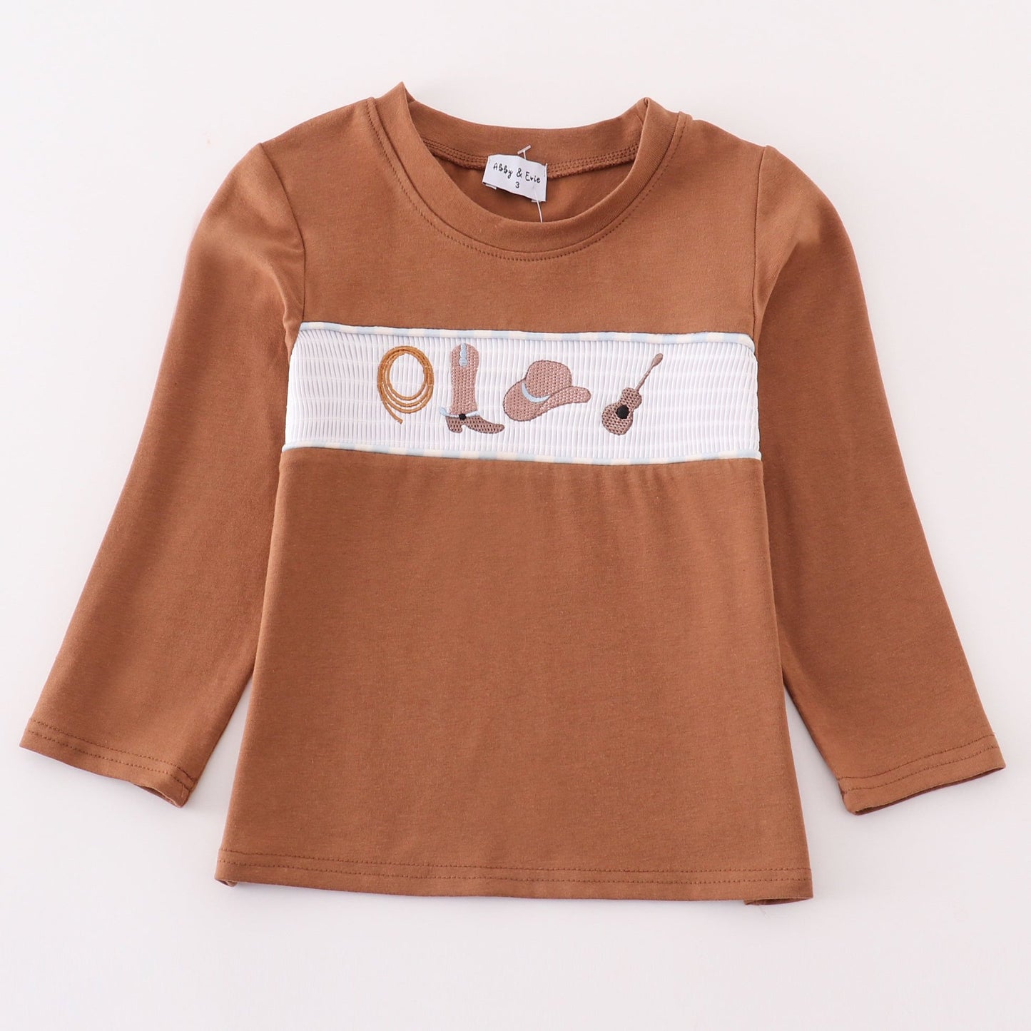 Western Embroidered Brown Smocked Boy Top