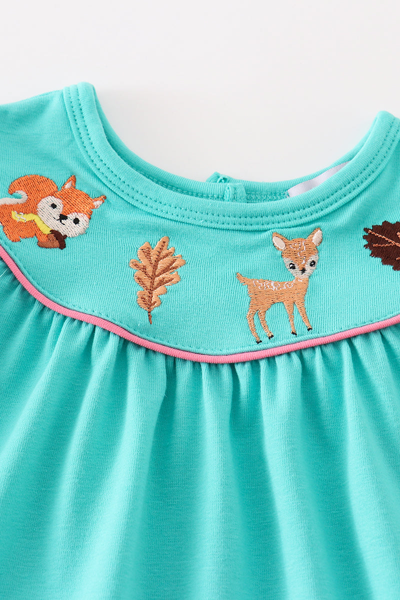 Forest Animal Embroidered Teal Floral Print Baby Set