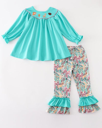 Forest Animal Embroidered Teal Floral Print Girl Set