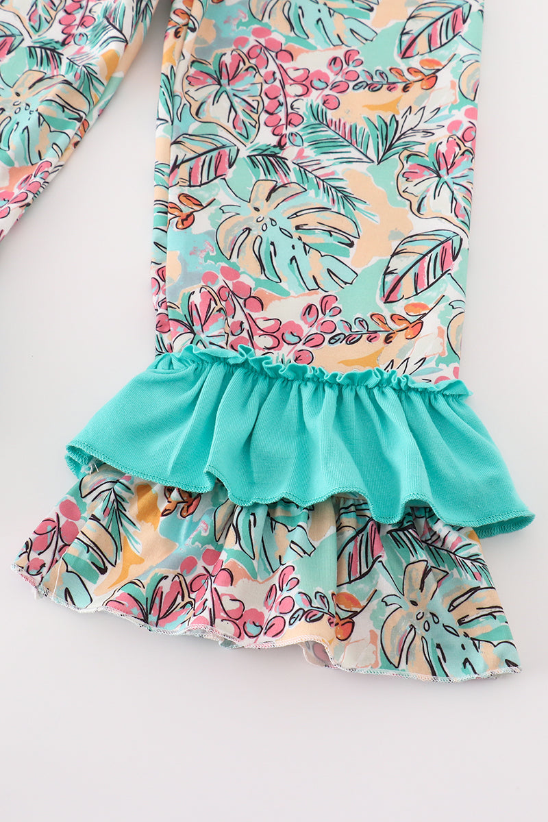 Forest Animal Embroidered Teal Floral Print Girl Set