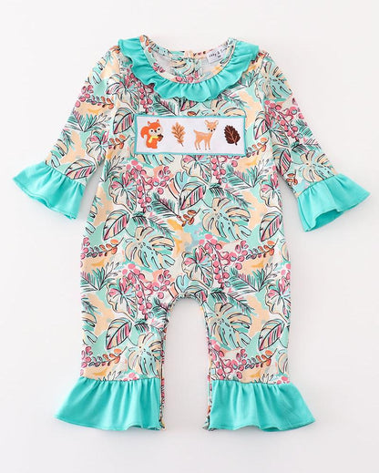 Forest Animal Embroidered Teal Floral Print Girl Romper