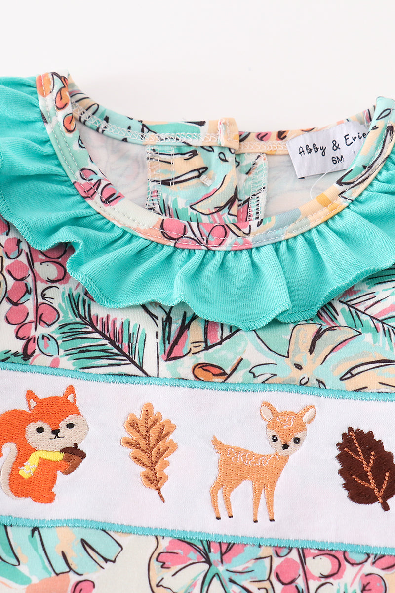 Forest Animal Embroidered Teal Floral Print Girl Romper