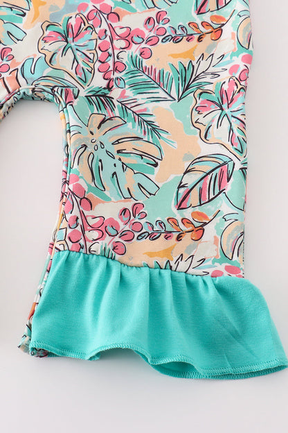 Forest Animal Embroidered Teal Floral Print Girl Romper