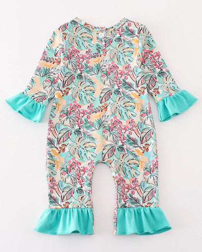 Forest Animal Embroidered Teal Floral Print Girl Romper