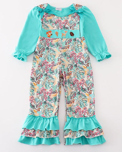 Forest Animal Embroidered Teal Floral Print 2pc Girl Jumpsuit Set