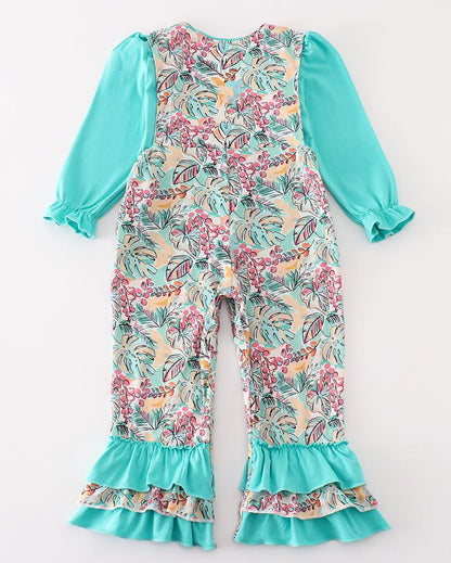 Forest Animal Embroidered Teal Floral Print 2pc Girl Jumpsuit Set