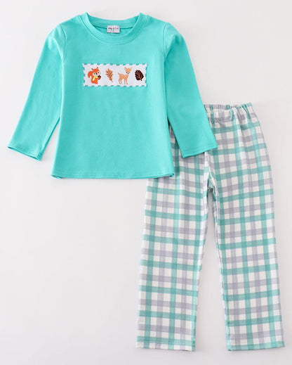 Forest Animal Embroidered Teal Plaid Boy Set